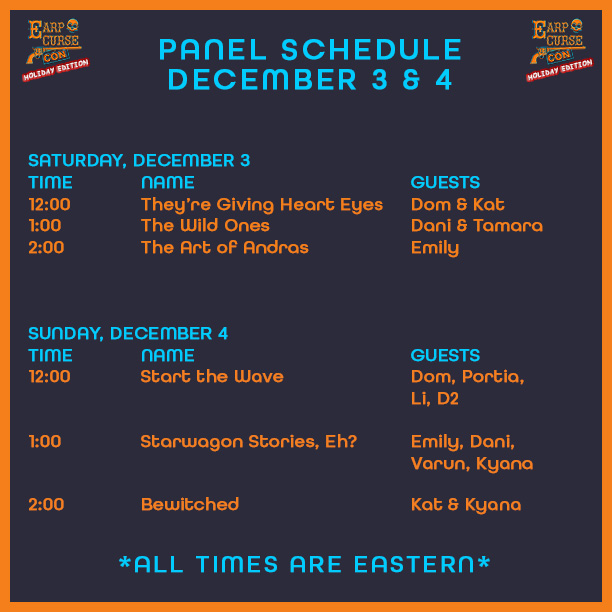 earpcursecon's tweet photo. ❄️Panel Schedule for ECC 3.0 Holiday Edition❄️

#WynonnaEarp #EarpCurseCon https://t.co/mU7JA0m1HX
