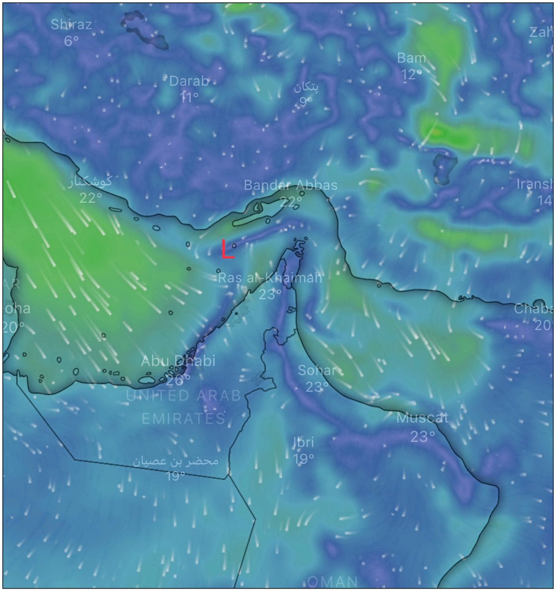 #رصد‼️
أخدود ضحل في الطبقات المنخفضة يعبر ذيله حالياً شرق حوض الخليج العربي وهو يثير سحب ركامية منخفضة قبالة سواحل شمال الامارات