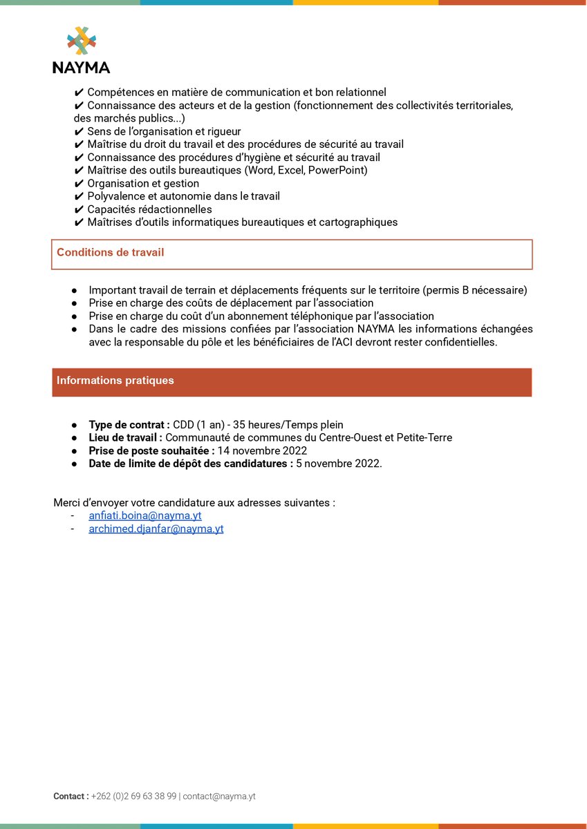 💥 NAYMA recrute à #Mayotte ! 
Devenez encadrant.e technique d'insertion pour accompagner des publics précaires et protéger l'environnement de l'île
📧 Envoyez votre candidature aux adresses anfiati.boina@nayma.yt et chloe.vermeulin@nayma.yt
#JobAlert #Emploi
