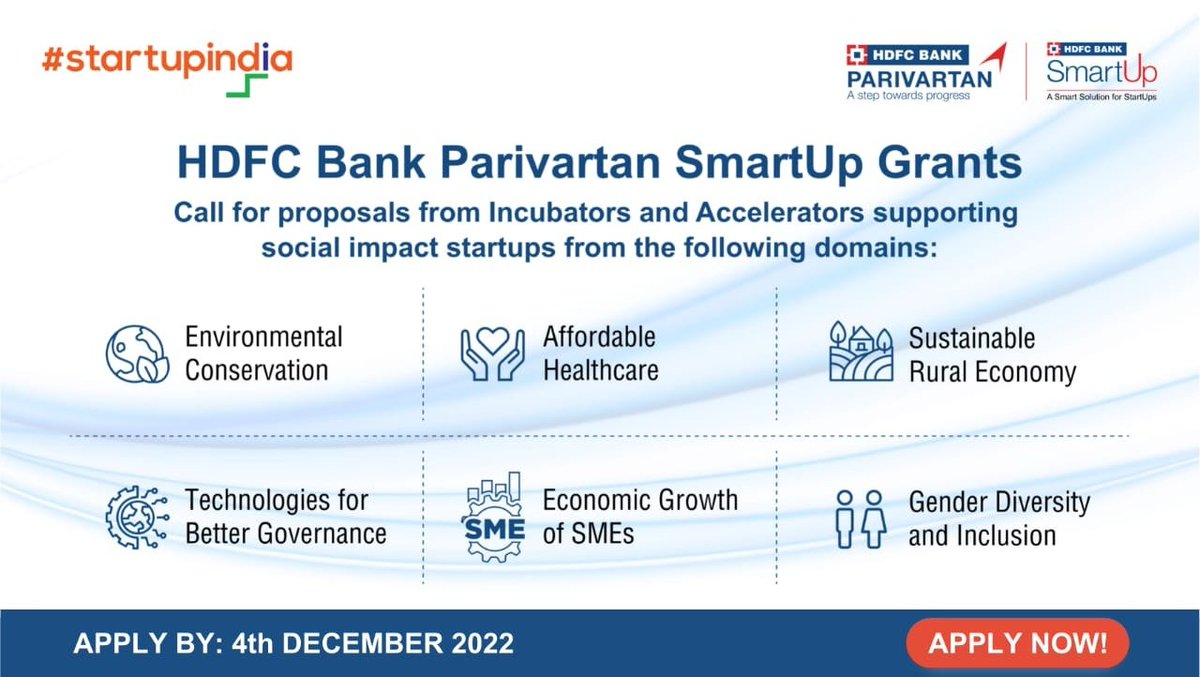 Startup India in partnership with <a href="/HDFC_Bank/">HDFC Bank</a> is looking to support promising Social Impact Startups via Incubators. Welcoming submissions from incubators &amp; accelerators that support #startups from thematic areas. Click for more: bit.ly/3FjnRpq
#HDFCBank #Parivartan
