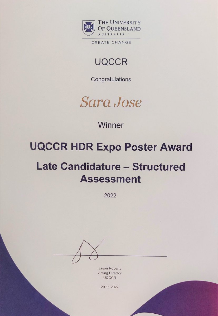 Translational Neuroscience & Therapeutics Program (@gordon_neurolab) on Twitter photo Super proud of our PhD student <a href="/SaraSaJos/">Sara Jose, M.Tech (Biotech), PhD</a> for winning #best poster award at #UQCCR HDR Expo 2022! Amazing work! #MND #ALS #Parkinson's @UQmedicine Super proud of our PhD student <a href="/SaraSaJos/">Sara Jose, M.Tech (Biotech), PhD</a> for winning #best poster award at #UQCCR HDR Expo 2022! Amazing work! #MND #ALS #Parkinson's @UQmedicine