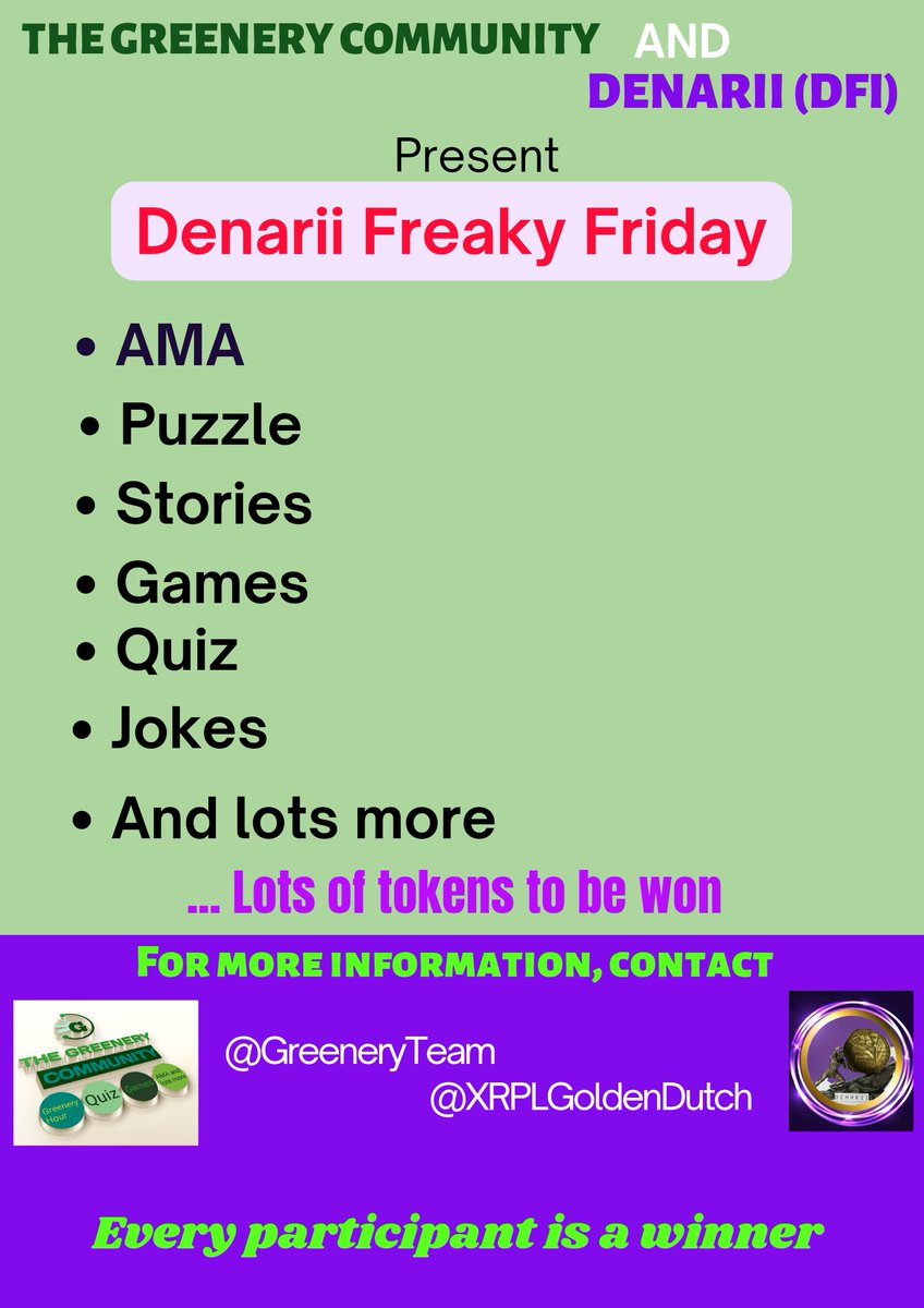 GreeneryTeam's tweet photo. Denarii Freaky Friday 

Tune in for another educational and interactive session "The Greenery Hour" (Voice Chat) today. 7pm-8pm UTC on telegram https://t.co/DCObn3sqc5

Subscribe to our YouTube https://t.co/9rshErT6Kj

 #algofam
 #algorand #GreeneryHour #Algorand #DFI https://t.co/stBIEU1TSN