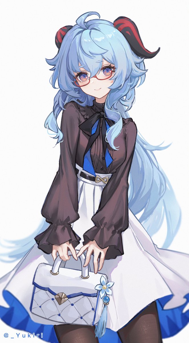 ganyu (genshin impact) 1girl official alternate costume solo frilled sleeves horns blue hair skirt  illustration images