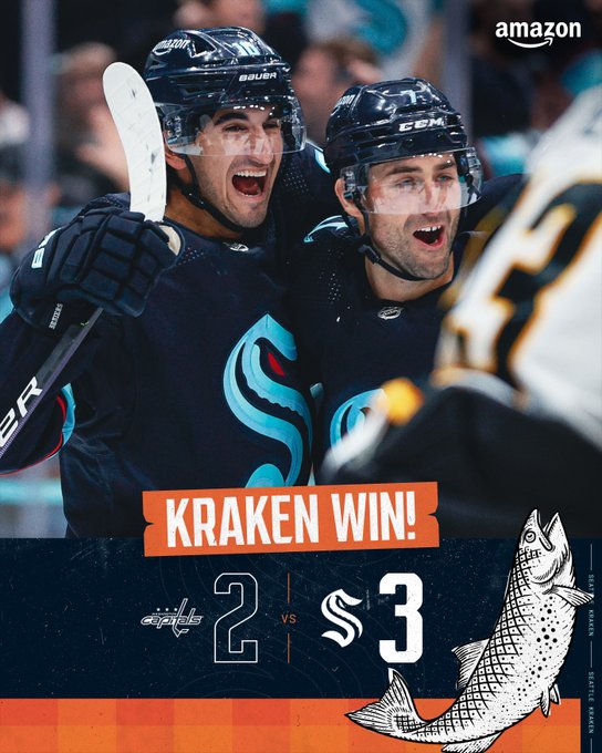 kraken win graphic, 3-2 win over capitals, using a photo of matty and eberle celebrating a goal