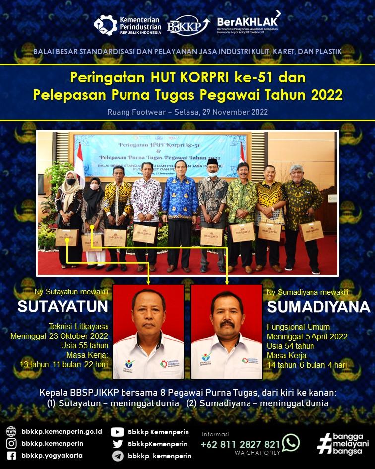 BbkkpKemenperin's tweet image. Bersamaan dengan Peringatan HUT KORPRI ke-51 (Selasa, 29 Nov 2022), BBSPJIKKP selenggarakan keg Pelepasan Purna Tugas Pegawai Tahun 2022 sejumlah 8 orang di Ruang Footwear

#kemenperin_ri #bbspjikkp #bbkkp
#HUT #KORPRI #pelepasan #pensiunan #purnatugas
#jagaindustri #industrikita