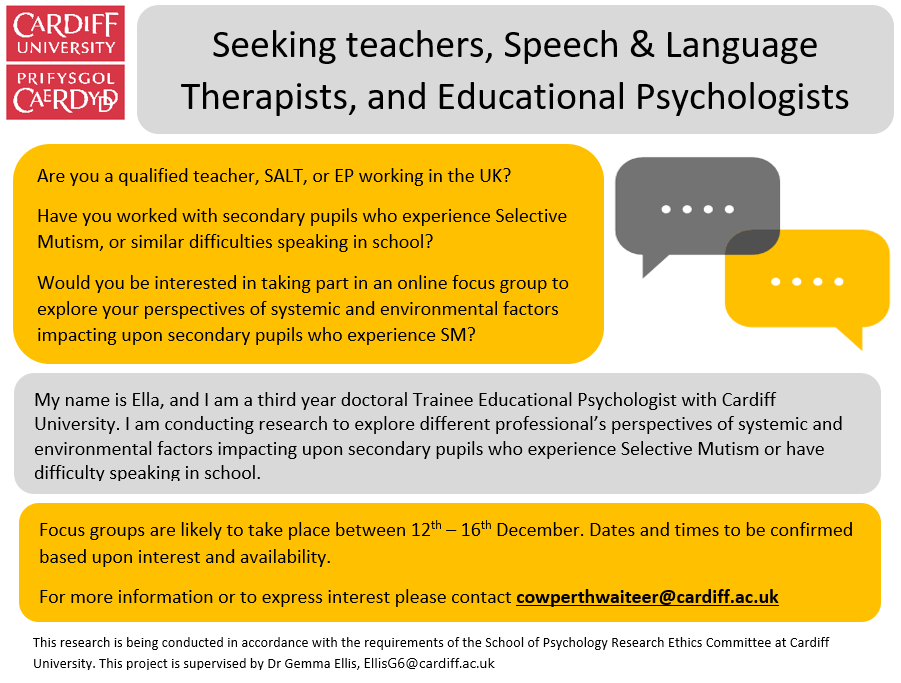 Still seeking a few more participants for my #selectivemutism research. Keen to hear from EPs, SALTs and teachers. #twittereps #wespeechies #slpeeps #secondaryteachers Focus group dates are flexible dependant on interest