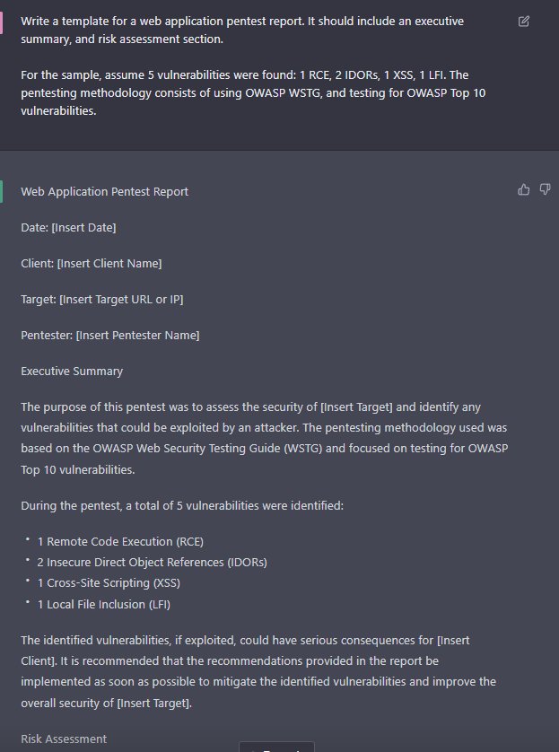 payloadartist's tweet photo. Tired of writing long pentest reports?

Try ChatGPT 🤯

#Pentesting #infosec #cybersecurity #bugbounty https://t.co/RUsHSpOkG1
