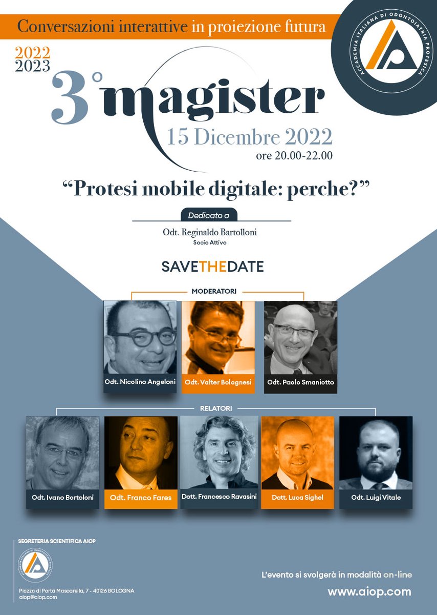 Il 15 dicembre ritorna Aiop Magister 🏛, le nostre conversazioni interattive 🔁 in proiezione futura 🔮, con il terzo incontro dal titolo “Protesi mobile digitale: perché?”
Ricordando Reginaldo Bartolloni ❤
✅ Iscriviti subito su 👉 aiop.com/magister-2022-…