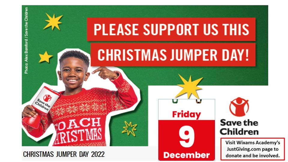 Christmas Jumper Day – Friday 9th December 2022!
We're raising money for <a href="/savechildrenuk/">Save the Children UK</a> – please support us.

Visit the Wixams Academy <a href="/JustGiving/">JustGiving</a> page at justgiving.com/fundraising/wi… for more information and to donate.