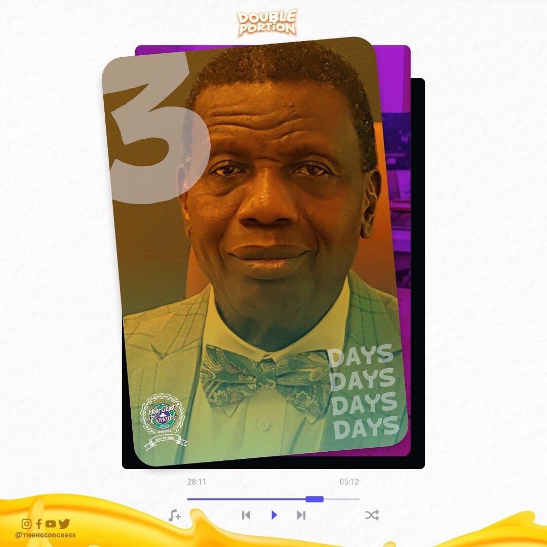 PastorEAAdeboye's tweet photo. 3 days from now, we will be launched into a dimension of limitless increase in double folds. Get ready for an encounter!!!

#HGC2022
#DoublePortion https://t.co/6OzOJ1to4t