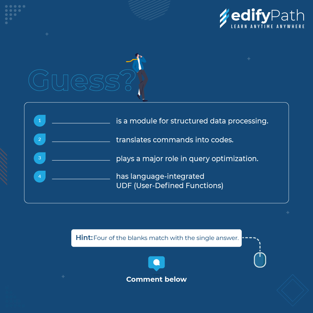 edifypath's tweet photo. Hey there! Did you try out the hint? Let us know your answers in the comment section.
#techquiz #questionschallenge #questionoftheday #pyspark #pysparktraining #quizinstagram #quizoftheday #fillintheblanks #itquiz #careers #edifypath https://t.co/YAVDH9GdK5