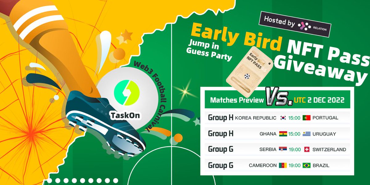 🎉#Web3 Football Carnival 2022 #Giveaway!

⏰Dec 2nd 11:00 - Dec 9th 11:00 (UTC)
🕊️10 ✖️ SPECIFIC Early Bird #NFT Pass
✅ RT &amp; Follow <a href="/taskonxyz/">TaskOn | Ultimate Web3 Community Growth Platform</a> &amp; <a href="/relationlabs/">Relation</a>
✅Complete Tasks to win: taskon.xyz/campaign/detai…

🏃‍♂️Jump in GUESS PARTY！
Carnival Portal👉footballcarnival.relationlabs.ai