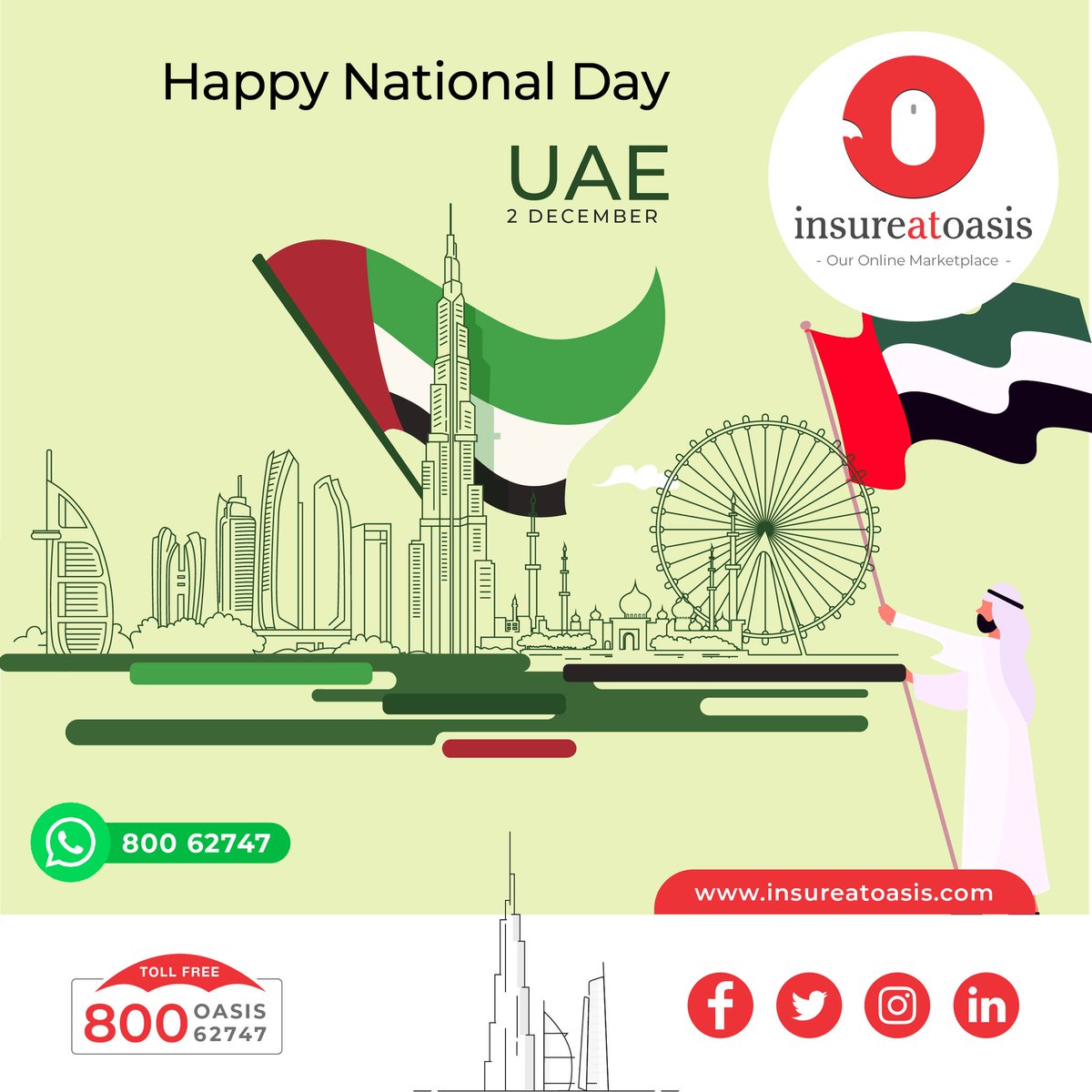 Insureatoasis's tweet photo. On the occasion of the UAE's 51st National Day, we extend our warm wishes to all people living in this beautiful, peaceful, dynamic, and futuristic country. Wishing the UAE continued progress and prosperity from IAO. #nationalday #prosperity #progress #happiness #Celebration https://t.co/35bCoeWZ3R