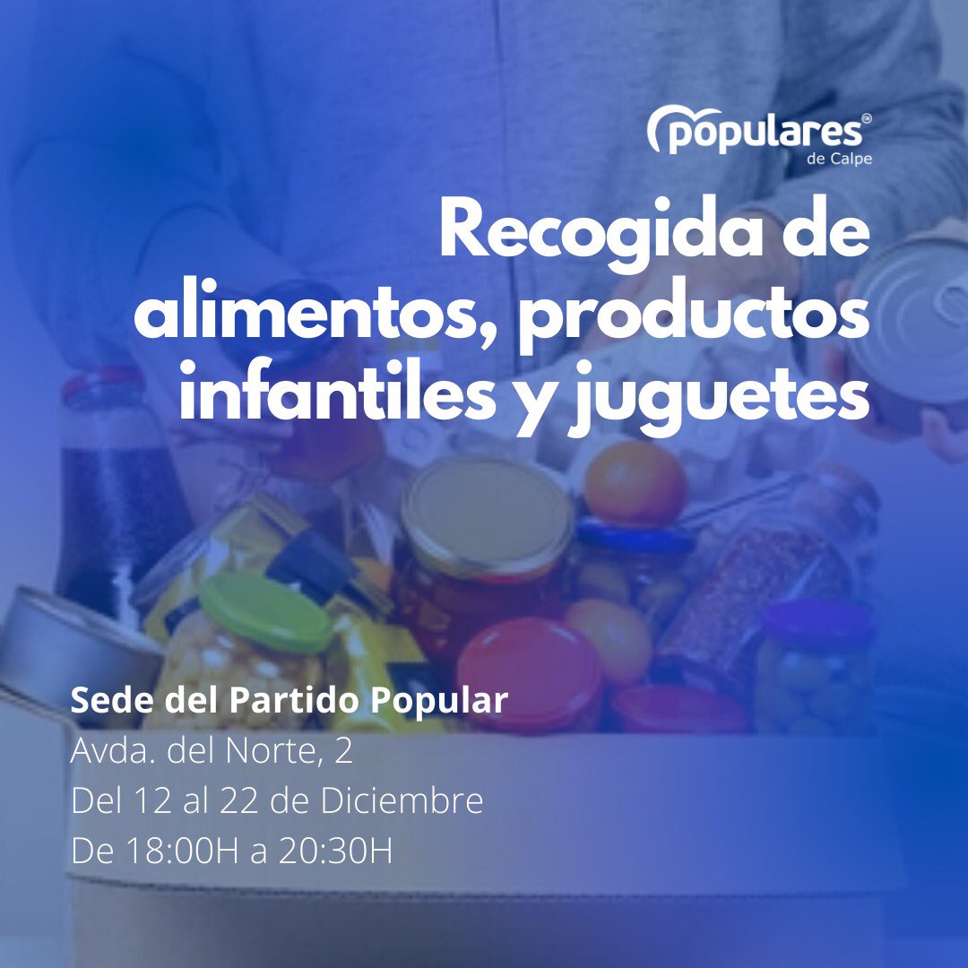 PopularesCalpe's tweet photo. 🔵 No dudes en pasar por nuestra sede local, ubicada en Avda. del Norte 2, para dejarnos tus donaciones. Nuestras puertas estarán abiertas de lunes a viernes desde el 12 al 22 de diciembre de 18:00H a 20:30H.

#PopularesCalpe https://t.co/tEe2LEtLUq