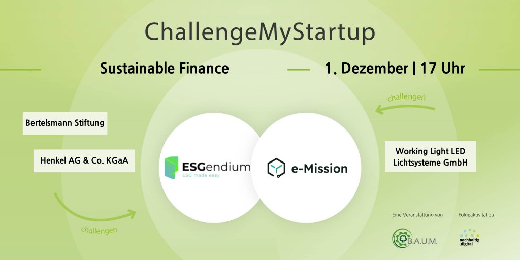 BAUMeV's tweet photo. Das war gestern wieder ein gelungener Austausch bei #ChallengeMyStartup! Wir danken #ESGendium GmbH & e-Mission GmbH für die spannenden Pitches und @BertelsmannSt, #WorkingLight Lichtsysteme und @Henkel für die konstruktiven Nachfragen! #SustainableFinance https://t.co/PvhY5PeohY