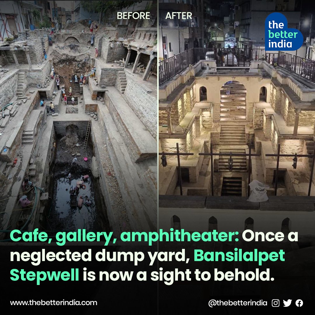 India needs more such transformations, don't you think so? Hidden under 2000 tonnes of debris for decades, the 17th-century #stepwell at #Bansilalpet in #Secunderabad has now been restored and it has changed the face of the locality.