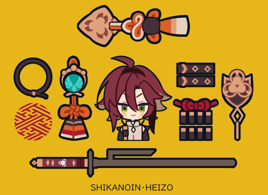1boy male focus yellow background green eyes weapon red hair chibi  illustration images