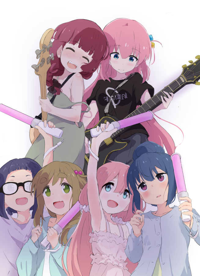 inuyama aoi ,shima rin multiple girls pink hair guitar instrument glasses blue hair braid  illustration images