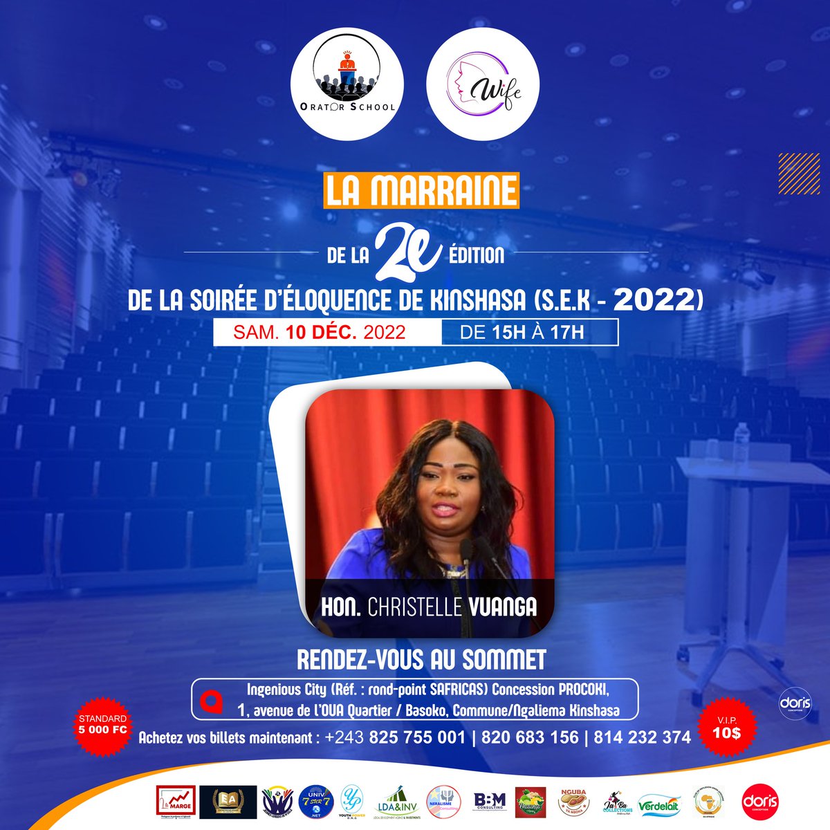 dan_ludweme's tweet photo. Zoom sur la Marraine de la soirée d'éloquence de Kinshasa 2022 "SEK22".

L'honorable @ChristelleVuan1 sera notre marraine. Une raison de plus, de ne pas manquer à ce rendez-vous des orateurs à succès.

Obtenez votre billet à slmnt 5 000Fc [Standard] ou 10$ [VIP]. 
📞+243820683156 https://t.co/EHB2iRMz5C