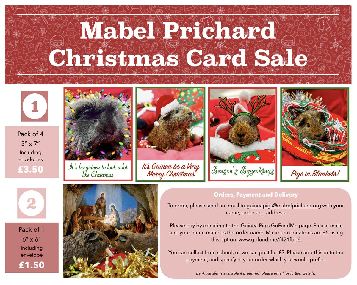 Guinea pig themed Christmas cards for sale, as part of the Mabel Prichard Special School enterprise group.
<a href="/MabelPSchool/">Mabel Prichard School</a>. You can order by emailing the address on the poster and pay via our gofundme page.