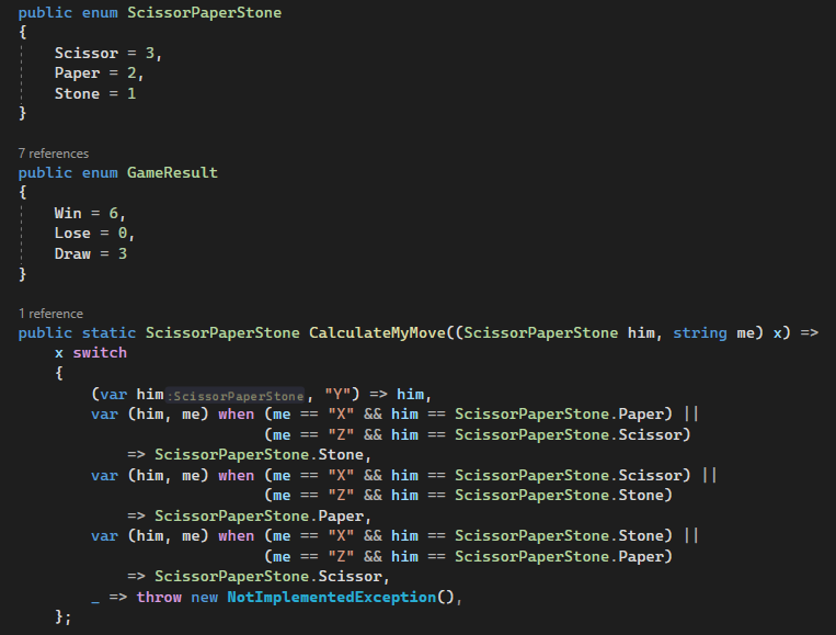 madSimonJ's tweet photo. Today's #AdventOfCode took a little more time, but still wasn't all that complicated.  Plenty of #FunctionalCSharp pattern matching this time, as well as liberal use of Tuples.  I used the UK name for the game without realising, so my version has "Stone" instead of "Rock". https://t.co/2qizUbHOYf
