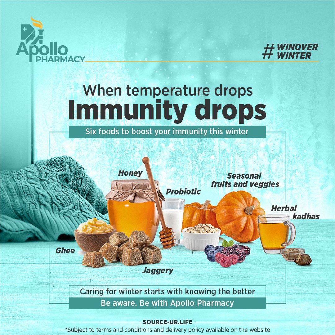 ApolloPharmacy's tweet photo. Immunity care in winter starts with-Honey-Jaggery-Ghee-Probiotics-Herbal Kadhas-Seasonal fruits and veggiesBoost immunity with superfoods this winter.
#WinOverWinter #WinterCare #BoostImmunity #ApolloPharmacy https://t.co/vVrf2GwreE