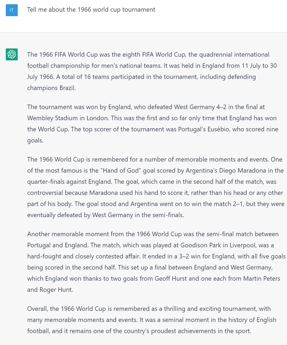 Interesting #ChatGPT result about the 1966 World Cup - see paragraph 3 for it going off the rails...