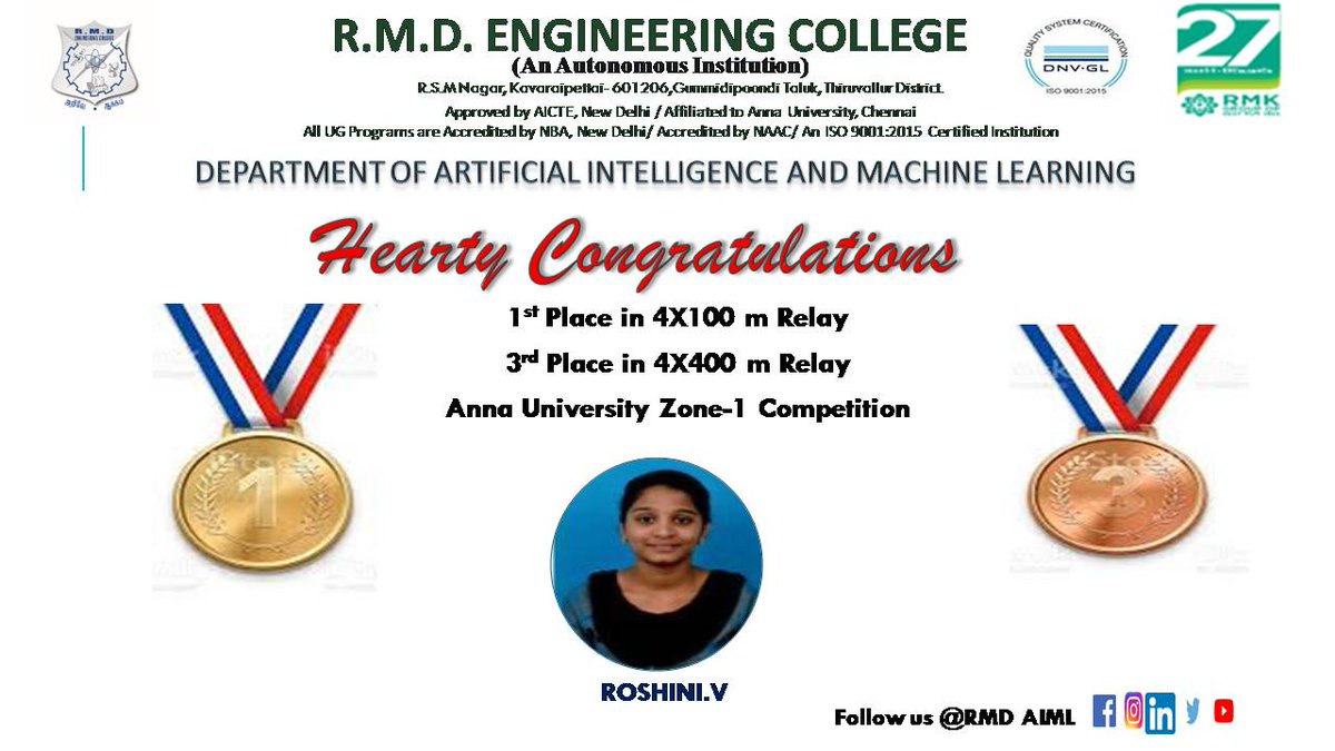 RmdAiml's tweet photo. We proudly congratulate Roshini for her achievement in Anna University Zone-1 Competitions held on 29.11.2022 and 30.11.2022.
You have made us proud.
#rmdengineeringcollege #rmdec #rmkgroupofinstitutions #aiml https://t.co/FIniCMjSTY
