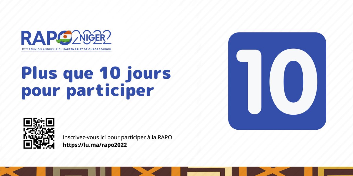 Partenariat de Ouaga (@pouagapf) on Twitter photo La 11ème Réunion Annuelle du <a href="/POuagaPF/">Partenariat de Ouaga</a> commence exactement dans 🔟 jours!
Inscrivez-vous ici: lu.ma/rapo2022, dès aujourd'hui, pour être au rendez-vous de la plus importante rencontre annuelle de la #PlanificationFamiliale en Afrique de l'Ouest francophone.
#RAPO2022 La 11ème Réunion Annuelle du <a href="/POuagaPF/">Partenariat de Ouaga</a> commence exactement dans 🔟 jours!
Inscrivez-vous ici: lu.ma/rapo2022, dès aujourd'hui, pour être au rendez-vous de la plus importante rencontre annuelle de la #PlanificationFamiliale en Afrique de l'Ouest francophone.
#RAPO2022