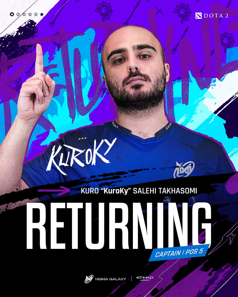 NigmaGalaxy's tweet photo. Reports of his retirement are greatly exaggerated!

@NigmaKuroKy will be returning to Pos 5 as our Team Captain for the upcoming DPC Season🌟

#StarsAlign #NGXdota https://t.co/ZHlKS6EigS