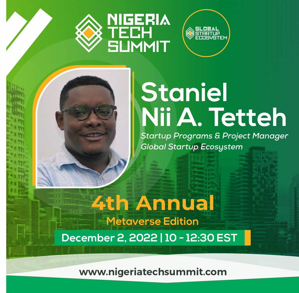 GlobalStartupE's tweet photo. ***Speaker Alert! We are pleased to announce our esteemed speaker Staniel Tetteh for the 4th Annual Nigeria Tech Summit 2022 Metaverse Edition Happening Friday, December 2, 2022
**** RSVP For Free via:https://t.co/dnbprV0B7P
#nigeriatechsummit22
#metaverseedition https://t.co/5BQtOGTIJv