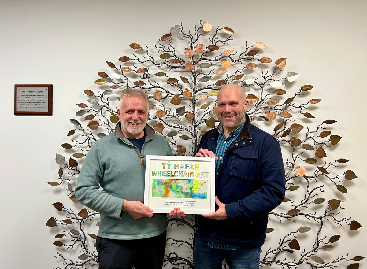 HMPCardiff's tweet photo. Following on from their incredible efforts in completing the 5 peaks challenge and raising £7140 for @tyhafan earlier in the year. Nigel,Pete and Mike were invited back to receive this stunning piece of wheelchair art which was produced for them by the children @tyhafan. Amazing! https://t.co/EiYTI0w2Rt