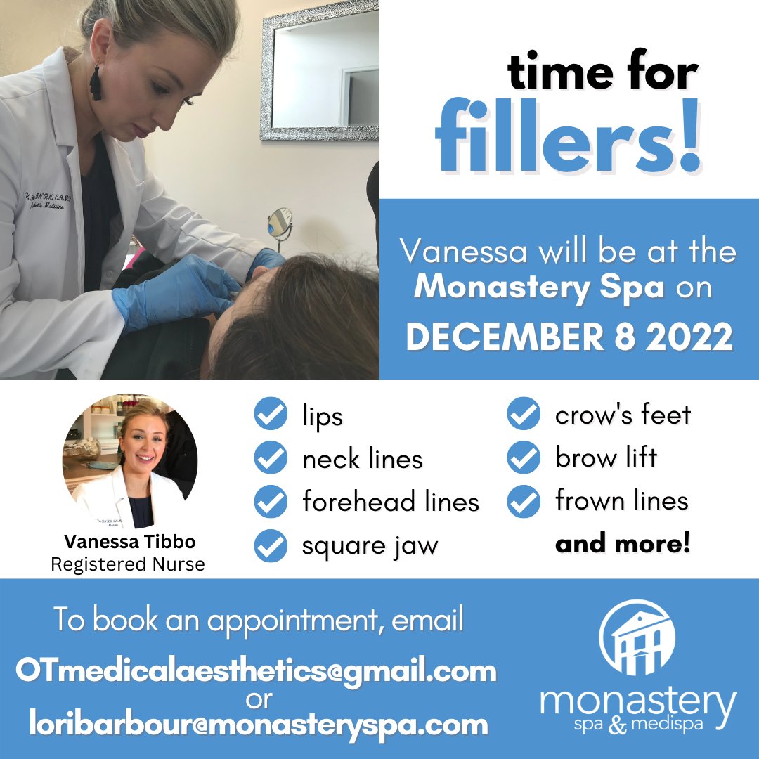 MonasterySpa's tweet photo. Vanessa's back next Thursday (8 December 2022), just in time for your Christmas pictures! 

Get instant results with your fillers. Book an appointment with Vanessa by emailing OTmedicalaesthetics@gmail.com or call us at 757 3312. https://t.co/CVyBerdNDE