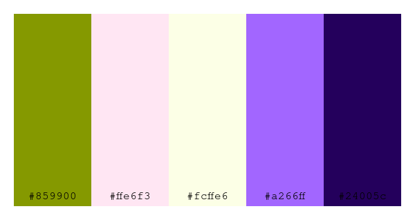 ColPaletteBot's tweet image. Beep beep, here&apos;s a pretty color palette for you! 

color-scheme.js parameters used: 
- hue: 130
- variation: hard
- colors: #859900, #ffe6f3, #fcffe6, #a266ff, #24005c

Have a lovely day!

#twitterbot #colorpalette #colors #palette #prettycolors