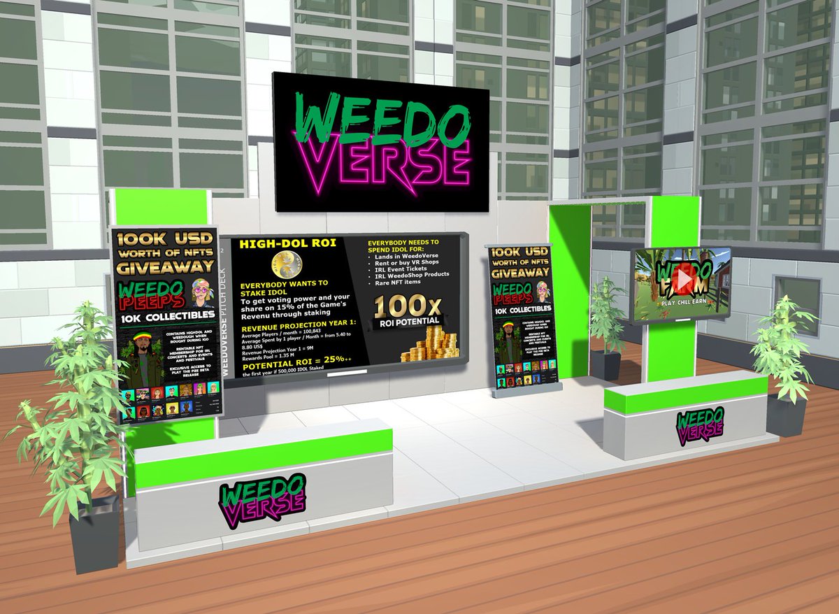 The design of the exhibit booths present in our coming virtual event is going more than great! 😍
Almost ready to welcome diverse projects and companies in our virtual environment 

#VirtualReality #virtualevent #NFT #cannabis #weed #gamers #Play2Earn #Polygon #BlockchainGaming