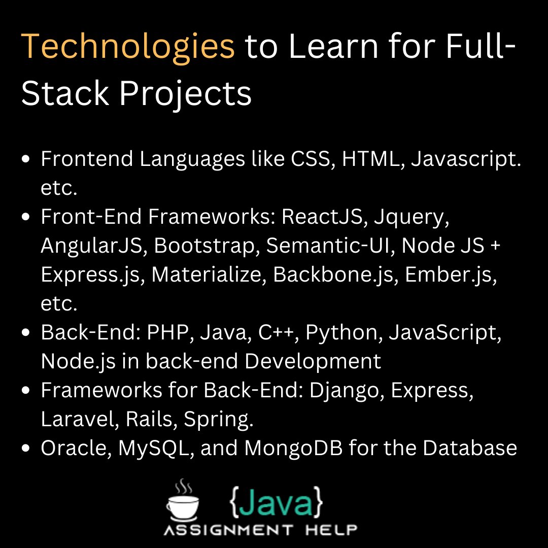 assignment_java's tweet image. You will learn these technologies for full-stack projects. These technologies are essential for your full-stack career. You should have excellent knowledge of these web development technologies.
#fullstack #fullstacktechnologies #fullstackdeveloper #fullstackprojects