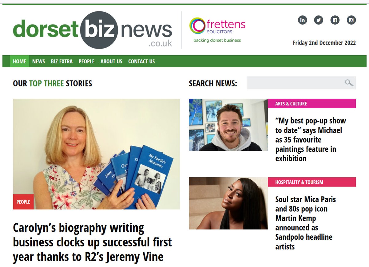 Today's #Dorset Biz News: How <a href="/theJeremyVine/">Jeremy Vine | Here, on Tiktok, Insta & Facebook</a>'s BBC R2 show helped Carolyn’s biography writing business clock up successful first year; <a href="/MicaParisSoul/">Mica Paris</a> <a href="/realmartinkemp/">Martin Kemp</a> announced as <a href="/sandpolouk/">Sandpolo</a> headline artists; Promotions for <a href="/safferys/">Saffery</a> ‘Magnificent Seven’. dorsetbiznews.co.uk