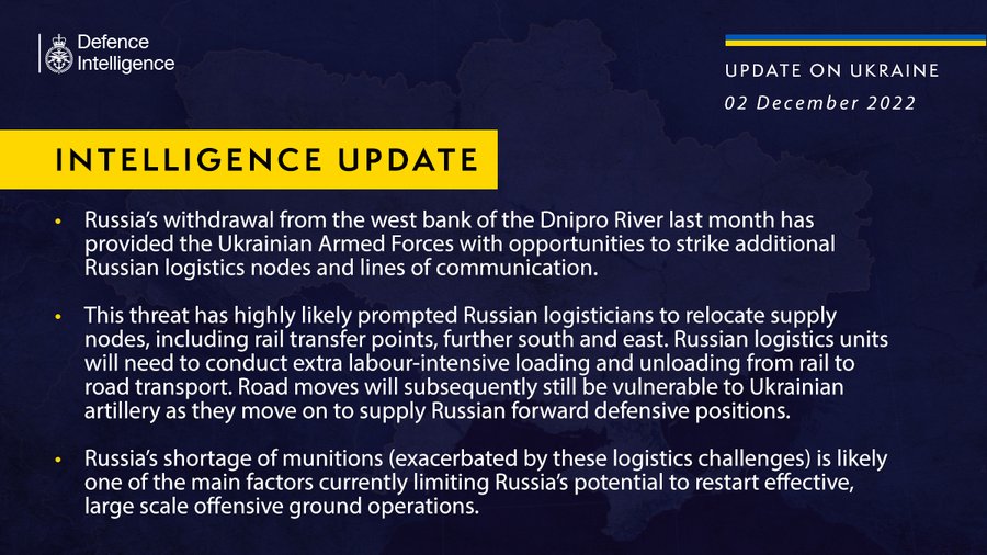 Daily Defence Intelligence update on Ukraine - 02 December 2022 - read the full text in the thread