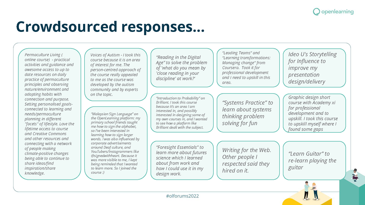 BeverleyBMiles's tweet photo. Active participation in today's workshop...
Take a look at our first crowdsourced activity:
Why did you take that micro-credential or short course? 🤔
#OLforums2022
#LifelongLearning #LifeWideLearning #Microcredentials #Upskill #Reskill #Fun #Passion #Curiosity #CritDigPed https://t.co/46b1xdHjOu