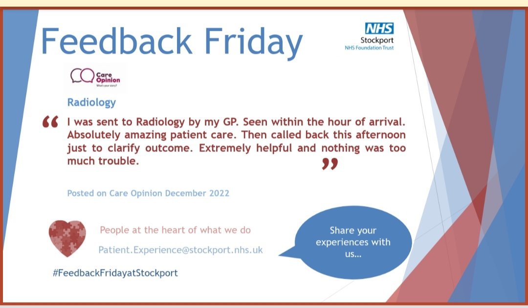 StockportPtExp's tweet photo. Today is another @StockportNHS #FeedbackFridayatStockport where we share some more of the lovely #patientexperience feedback given by our patients, families, carers & friends #Peopleattheheartofwhatwedo 💚💜 @NicolaFirth6 @helshow1 @careopinion @warnetony @HWStockport https://t.co/12z1584775