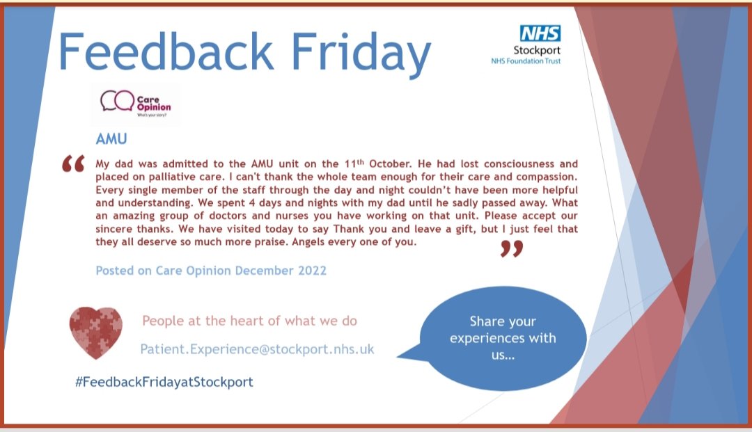 StockportPtExp's tweet photo. Today is another @StockportNHS #FeedbackFridayatStockport where we share some more of the lovely #patientexperience feedback given by our patients, families, carers & friends #Peopleattheheartofwhatwedo 💚💜 @NicolaFirth6 @helshow1 @careopinion @warnetony @HWStockport https://t.co/12z1584775