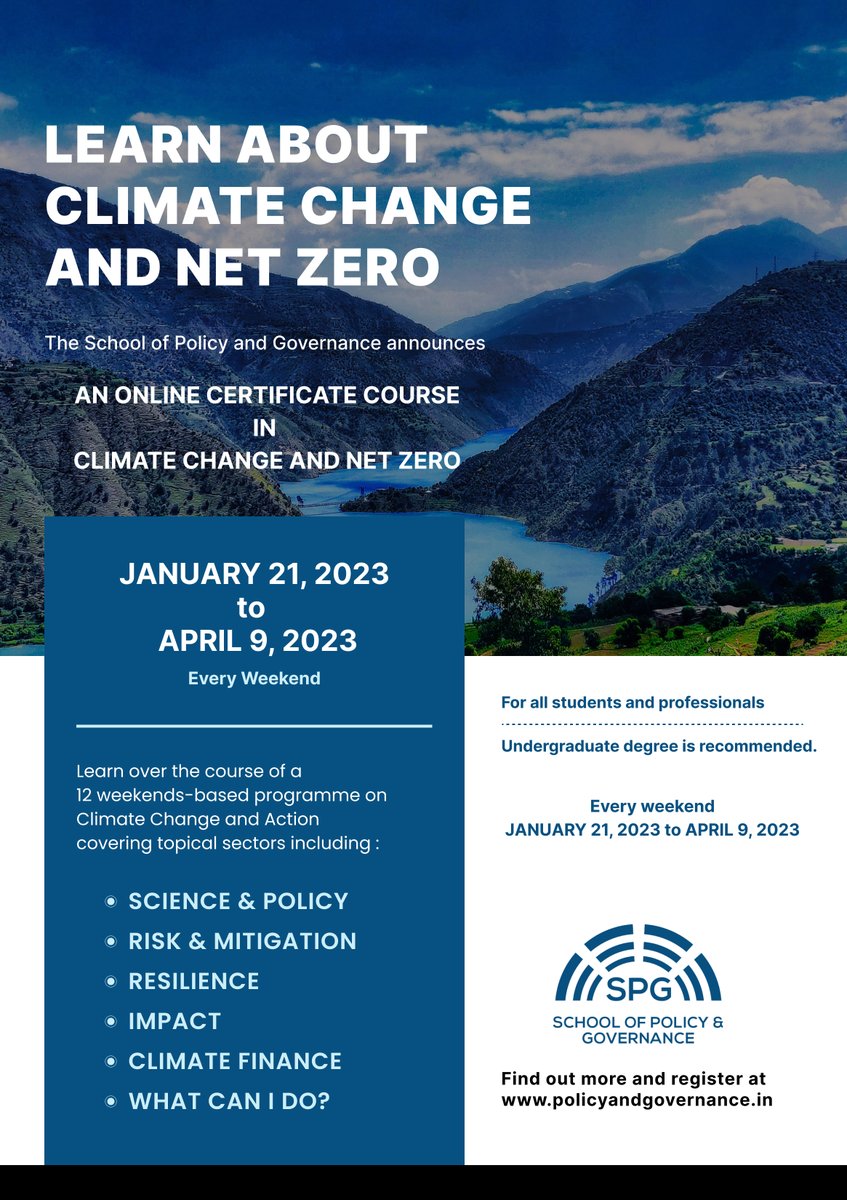 We are glad to announce our next Certificate Course in Climate Change and Net Zero! Starting January 2023! Early bird discount available - Use ECCNZ. 

Find out more:
policyandgovernance.in/courses/certif…