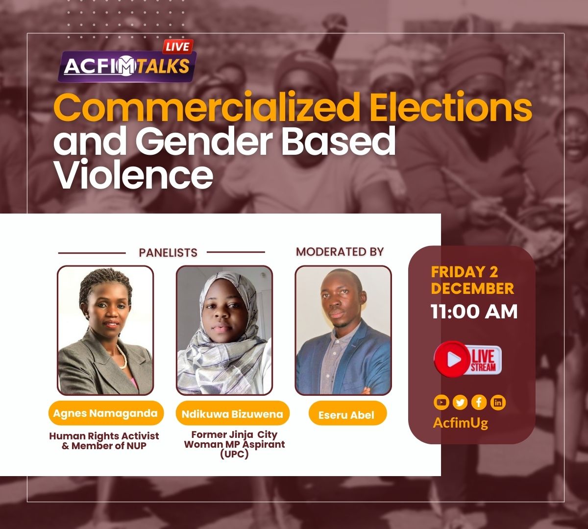 AcfimAfrica's tweet image. #ACFIMTalks today looks at Election-driven #GenderBasedViolence &amp;amp; the myriad hurdles women face when they seek to enter the male-dominated political arena since they often do not have the access to #CampaignFinance.

Follow the discussion here👇🏾
youtube.com/watch?v=JO0B2v…