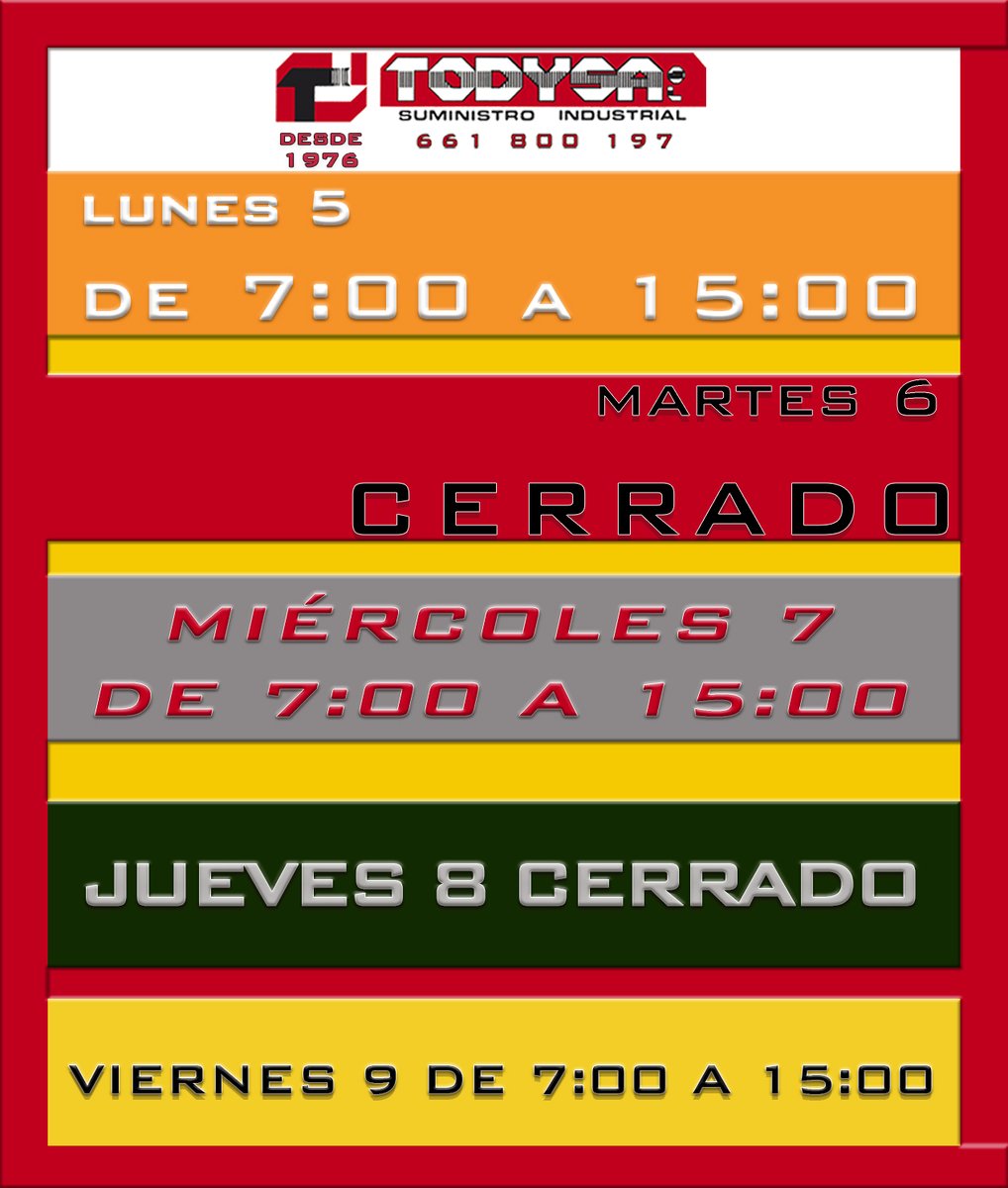 TodysaslBCN_TGN's tweet photo. Un horario diferente para una semana distinta. ☆꧁༒☬ A trabajar ☬༒꧂☆
#todysa #suministroindustrial #abrasivos #soldadura #consumibles #elevación #medición #iluminación #herramientas #protección #tuproveedorúnico
#esab #pferd #metabo #egamaster #tractel #cofra #diadora https://t.co/yYS7LzqCrL