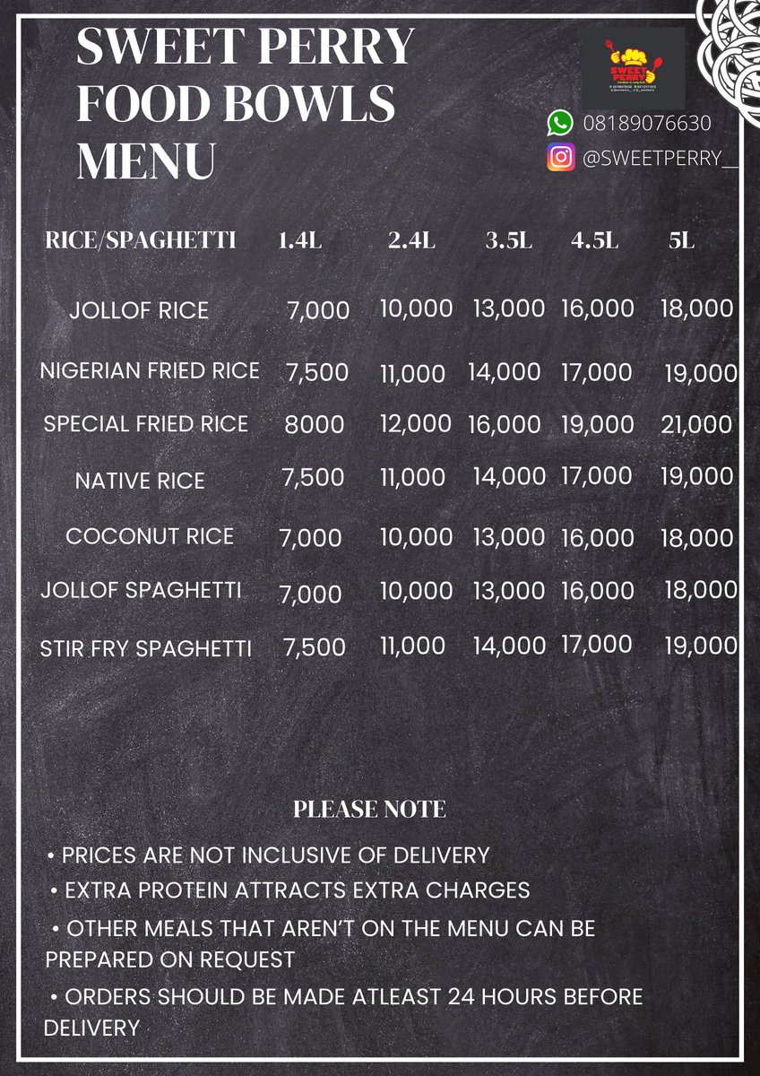 __sweetperry's tweet photo. This is what our food bowl menu looks like, we also sell meals in lunch packs (from 5 upwards)
Location: Port Harcourt 
WhatsApp: 08189076630 to order https://t.co/VNxng6utMW