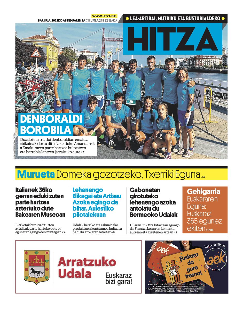 🗞AZALA [abenduak 2]

🗣Euskararen Eguna #euskara #365eguneuskaraz

🌰🥧 #Bermeo Gabonetako #azoka hilaren 8tik 11ra <a href="/BermeokoUdala/">Bermeoko Udala</a> 

🐷 #Murueta Txerriki Eguna

👉Bakearen Museoko mintegia @museodelapaz 

🏊‍♀️🏊‍♂️🚴‍♀️🚴🏃🏃‍♀️ <a href="/AMANDARRITT/">Amandarri TT</a> 

🥦🌰🌶👜👛Aulestiko #azoka <a href="/AulestikoUdala/">Aulestiko Udala</a>