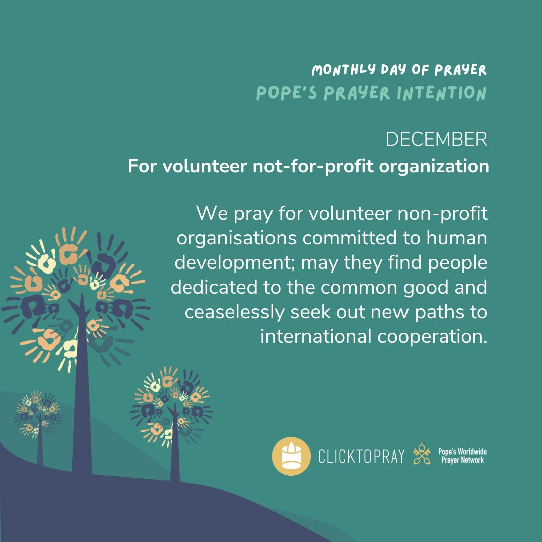 Monthly Day of Prayer for the intentions of the Pope. 
Let’s pray together with the Pope's Worldwide Prayer Network, opening our lives to Christ's mission of compassion for the world.

clicktopray.org
 #ForVolunteers #Volunteers  #PopesPrayerIntentions