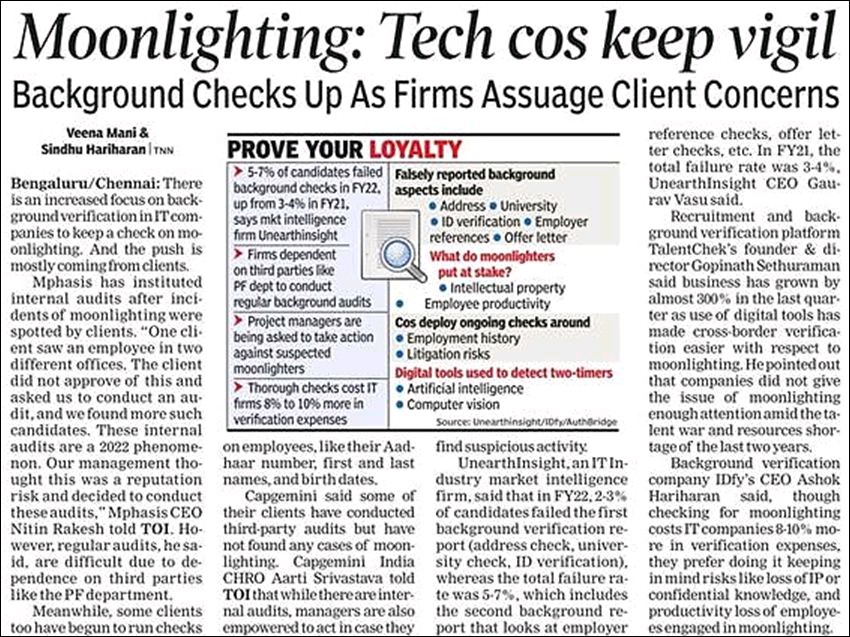 Today's story with Times Of india, our <a href="/CEO/">Branden Hampton</a> <a href="/GauravVasu/">Gaurav</a>   @Unearthinsight talks about increased focus on background verification in IT companies to keep a check on #moonlighting.