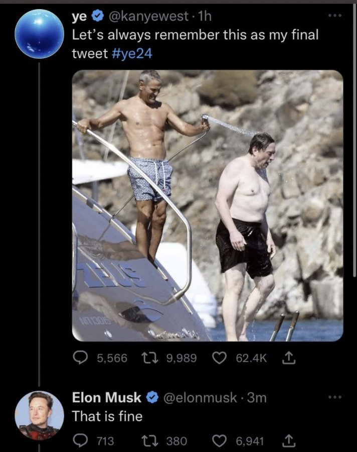 Elon suspended Kanye 12 hours for his swastika tweet, but he didn't permanently ban him until he posted this. SMH at Billionaires beefing on Twitter. Yikes!