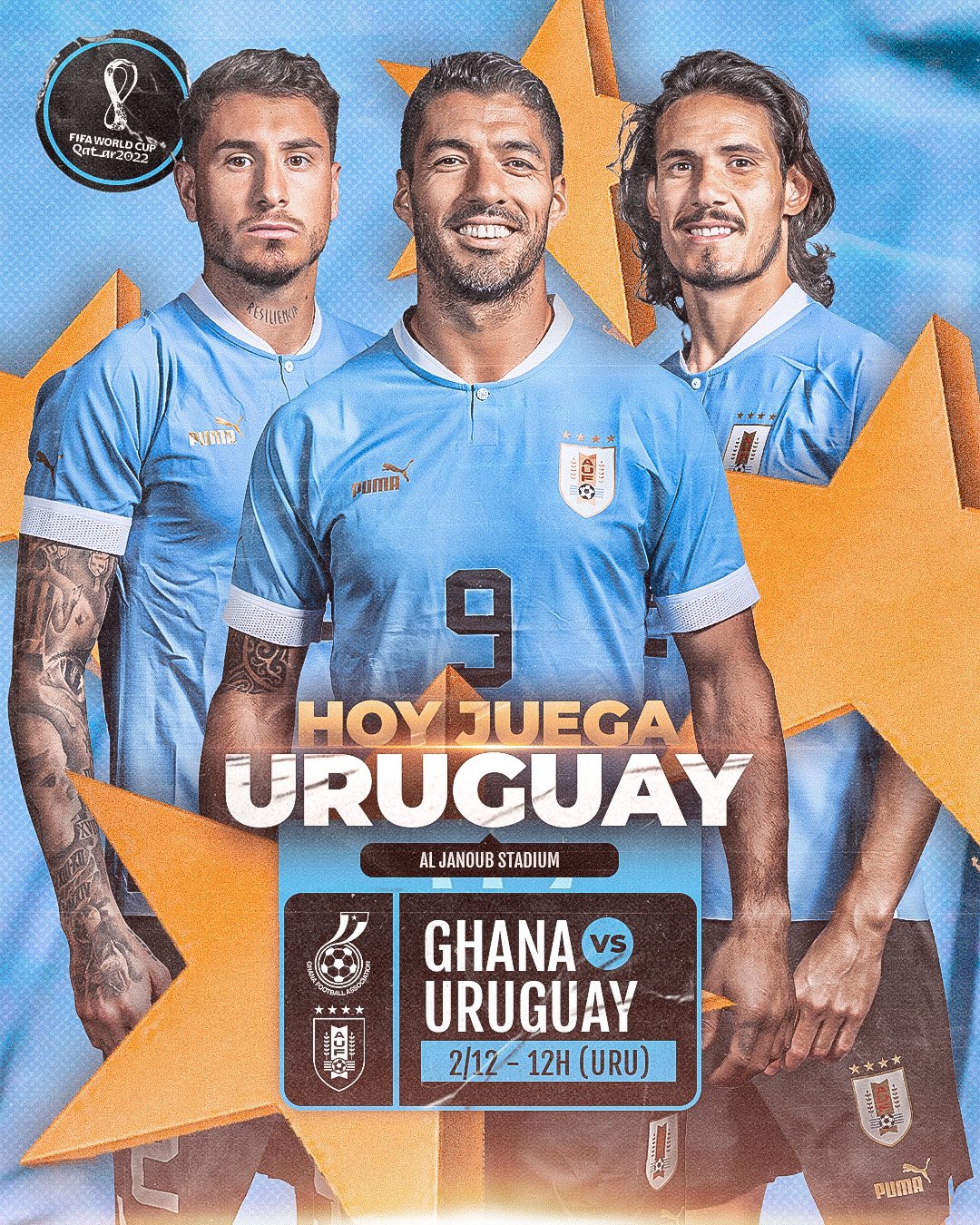 Selección Uruguaya on X: 🇺🇾 ¡𝙃𝙊𝙔 𝙅𝙐𝙀𝙂𝘼 𝙐𝙍𝙐𝙂𝙐𝘼𝙔!  #LaCeleste va por todo en la @FIFAWorldCup. 🆚 Ghana 🕜 18h (QAT) 12h (UY)  #ElEquipoQueNosUne  / X